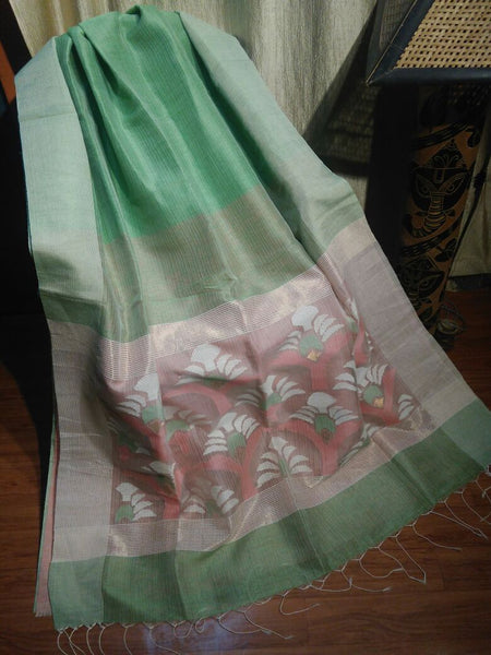 Green Pure Silk Mark Certified Tussar Pure Linen Sarees