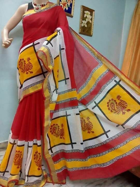 Maroon Yellow Kerala Pure Cotton Sarees - Dailybuyys