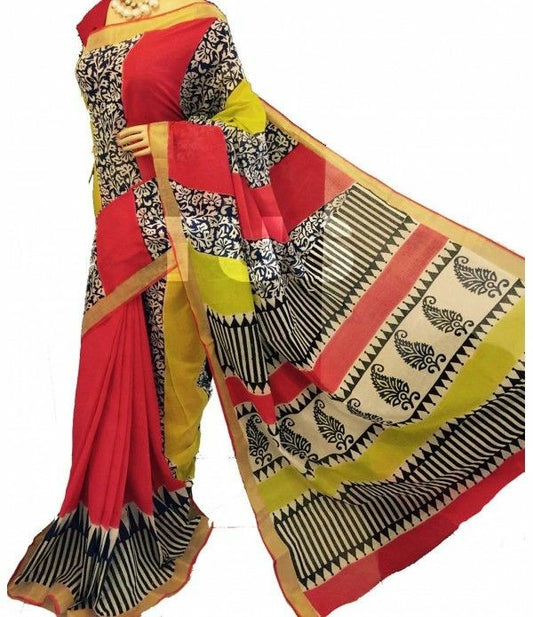 Red Black Kerala Pure Cotton Sarees - Dailybuyys