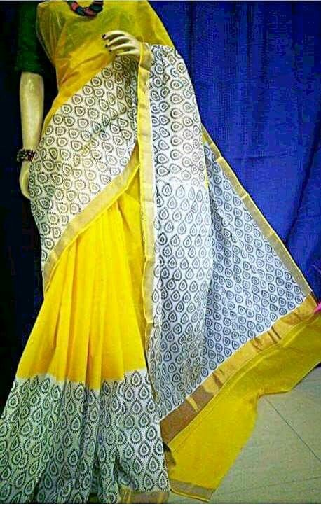 Yellow Beige Kerala Pure Cotton Sarees - Dailybuyys