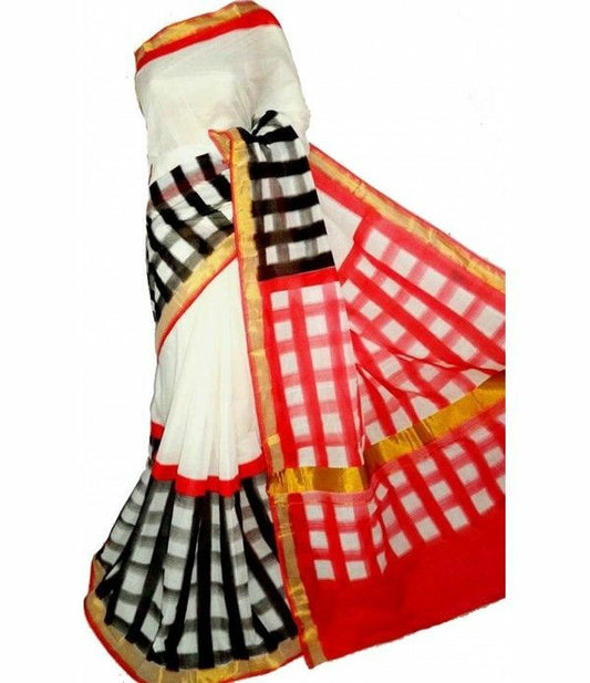 Black White Kerala Pure Cotton Sarees - Dailybuyys