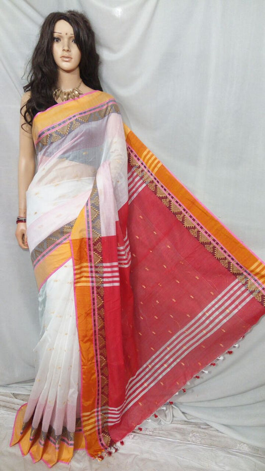 White Red Pure Cotton Silk Sarees - Dailybuyys