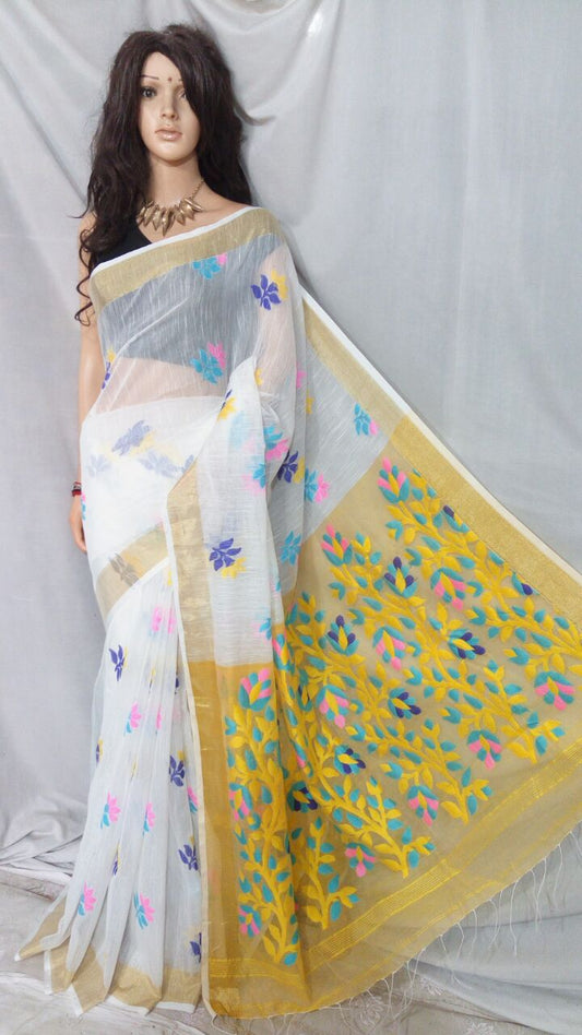 White Dhakai Jamdani Sarees - Dailybuyys