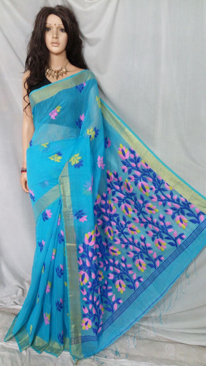 Blue Dhakai Jamdani Sarees - Dailybuyys