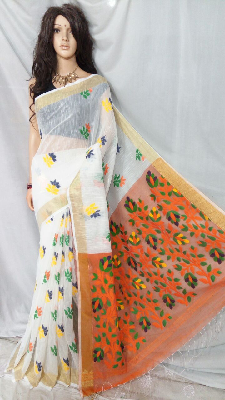 White Dhakai Jamdani Sarees - Dailybuyys