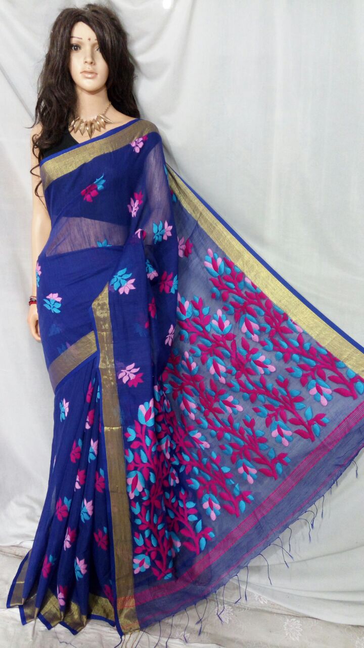 Blue Dhakai Jamdani Sarees - Dailybuyys