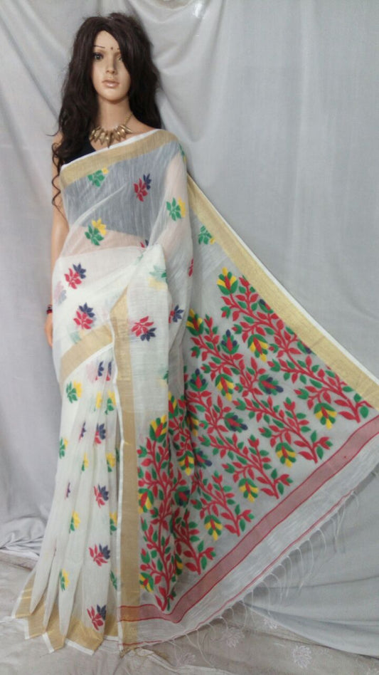 White Dhakai Jamdani Sarees - Dailybuyys