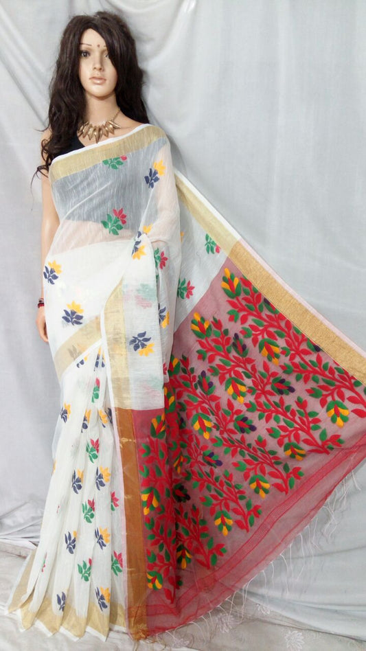 White Dhakai Jamdani Sarees - Dailybuyys