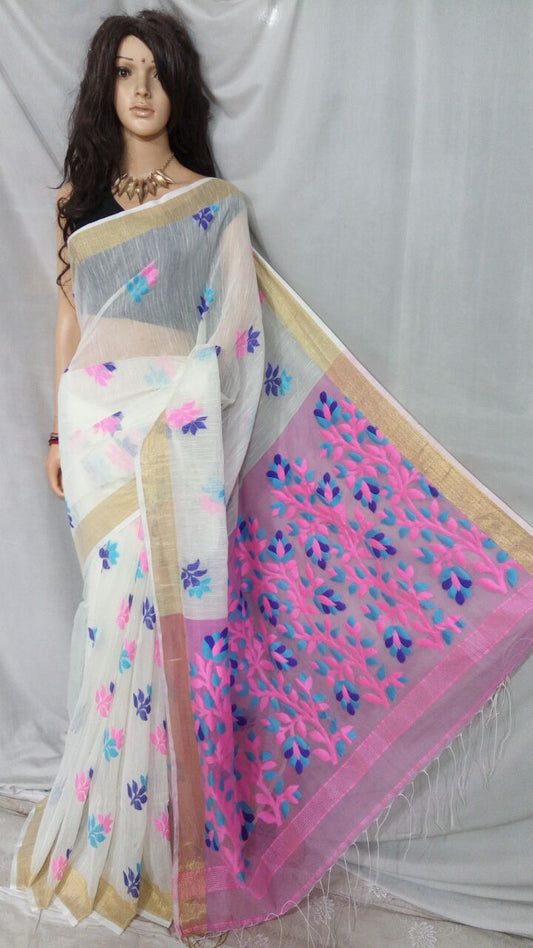 White Dhakai Jamdani Sarees - Dailybuyys