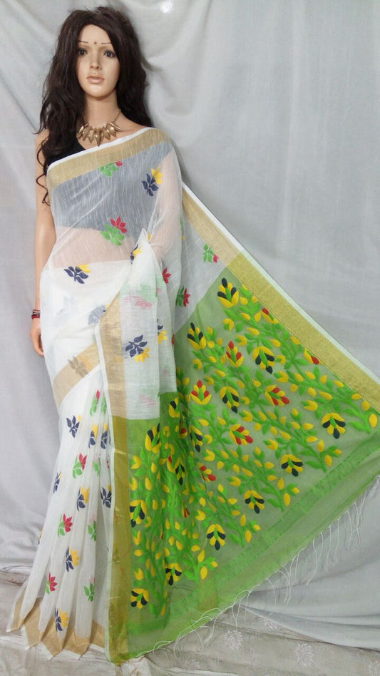 White Dhakai Jamdani Sarees - Dailybuyys