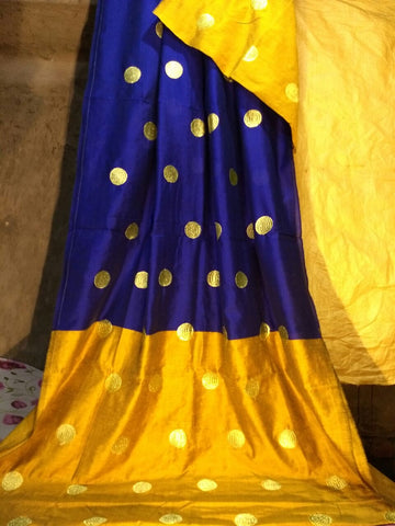 Blue Yellow Handloom Pure Cotton Silk Sarees