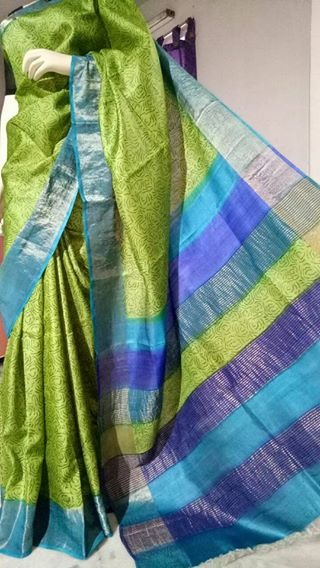 Green Blue Zari  Zari Border Pure Silk Mark Certified Tussar Silk Sarees