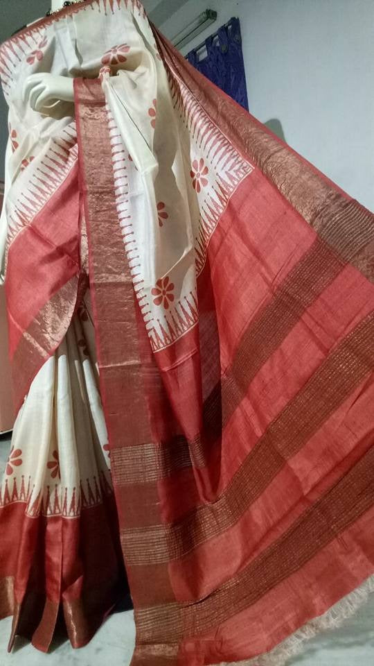 Red Beige Zari  Zari Border Pure Silk Mark Certified Tussar Silk Sarees - Dailybuyys
