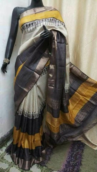 Grey Beige Zari  Zari Border Pure Silk Mark Certified Tussar Silk Sarees - Dailybuyys