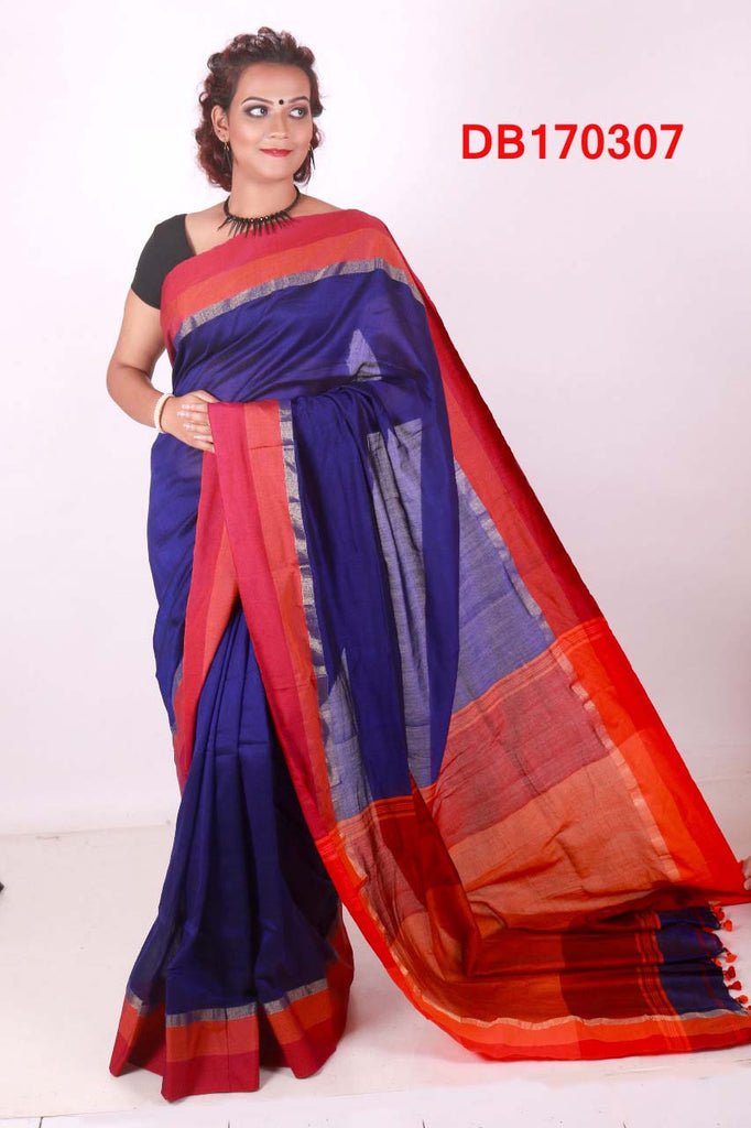 Blue Red Bengal Handloom Khadi Sarees