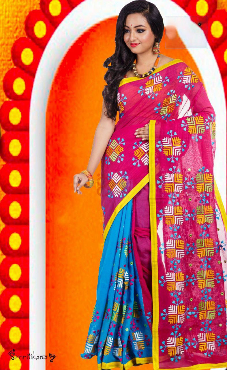Pink Blue Kathiawari Sarees - Dailybuyys