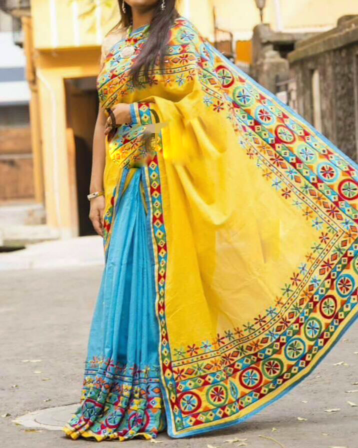 Yellow Blue Kathiawari Sarees - Dailybuyys