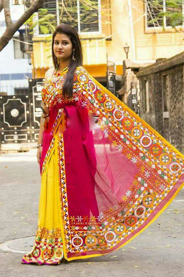 Pink Yellow Kathiawari Sarees - Dailybuyys
