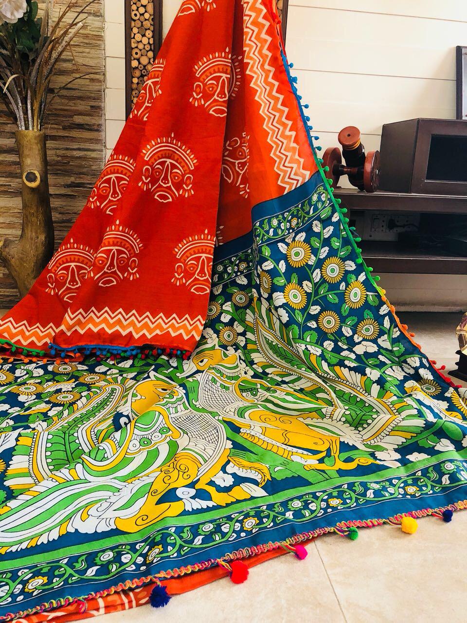 Orange Bagru Kalamkari Printed Pure Cotton Sarees - Dailybuyys