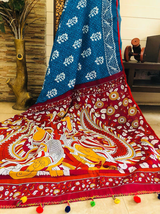 Red Blue Bagru Kalamkari Printed Pure Cotton Sarees - Dailybuyys