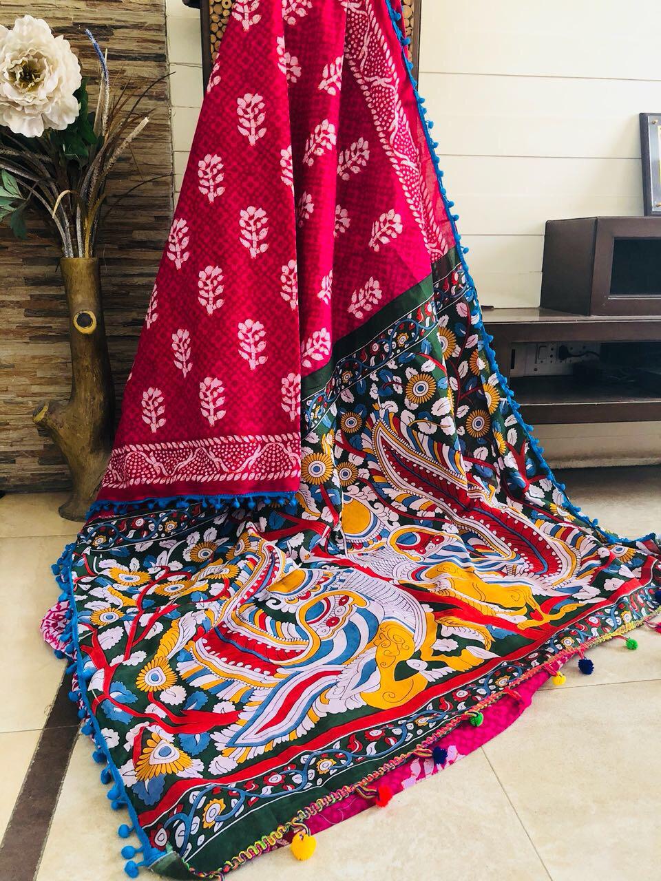 Pink Bagru Kalamkari Printed Pure Cotton Sarees - Dailybuyys