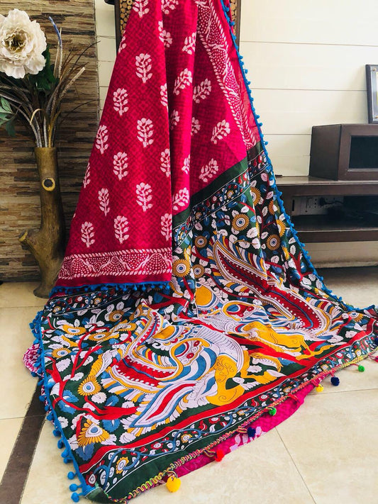 Pink Bagru Kalamkari Printed Pure Cotton Sarees - Dailybuyys