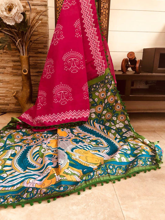 Pink Bagru Kalamkari Printed Pure Cotton Sarees - Dailybuyys