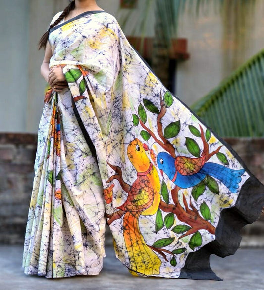 Yellow and blue hand painted birds on White Mulmul Crack Batik Sarees - Dailybuyys