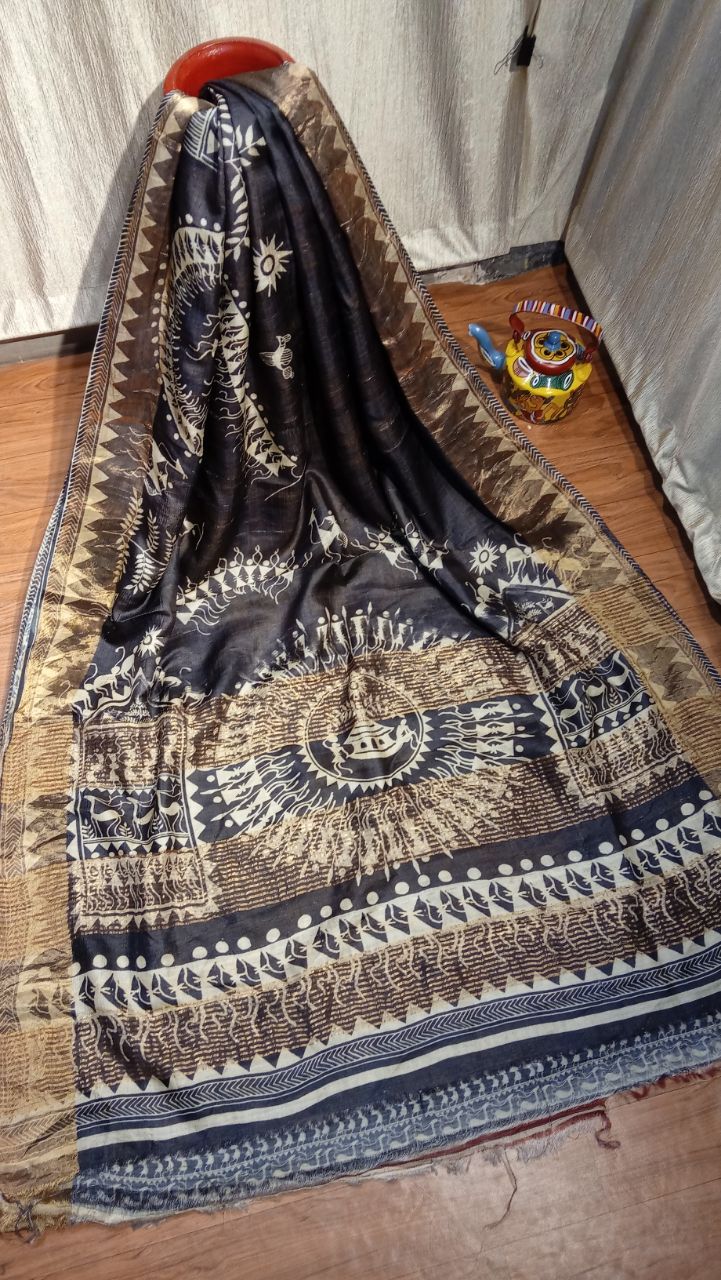 Black Digital Pure Silk Mark Certified Tussar Ghicha Silk Sarees - Dailybuyys