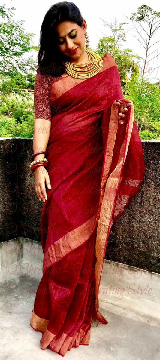 Maroon Pure Linen Sarees - Dailybuyys