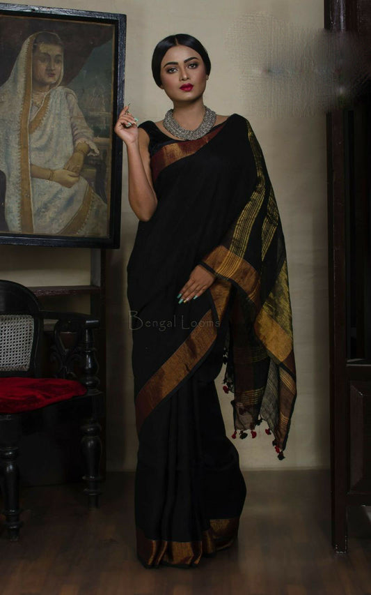 Black Pure Linen Sarees - Dailybuyys