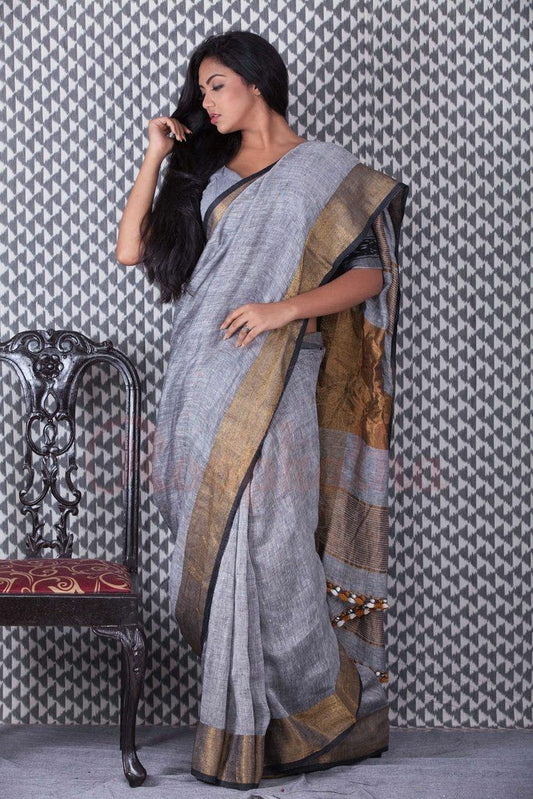 Grey Pure Linen Sarees - Dailybuyys
