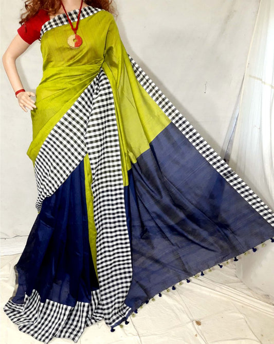 Yellow Blue Pure Cotton Silk Sarees - Dailybuyys