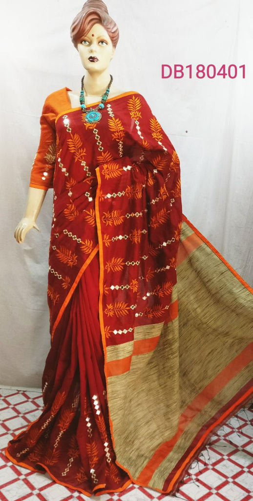 Red Orange Bengal Handloom Silk Sarees