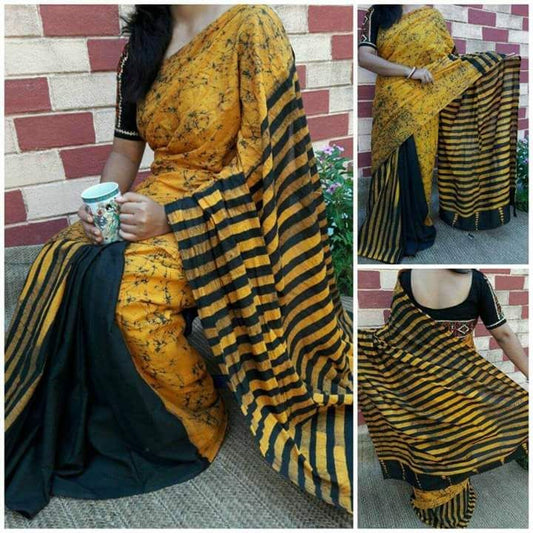 Yellow Black Mulmul Batik Sarees - Dailybuyys