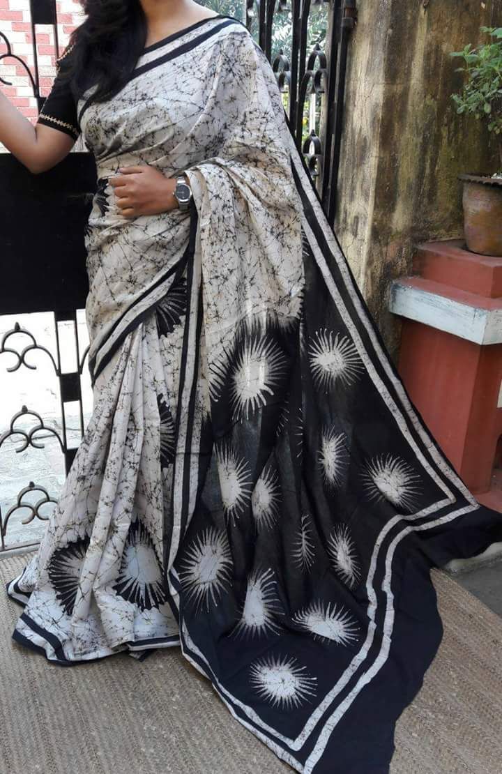 Beige Black Mulmul Batik Sarees - Dailybuyys