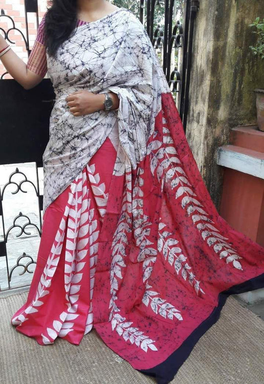 White Pink Mulmul Batik Sarees - Dailybuyys