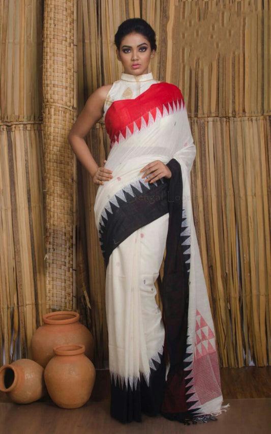 White Black Pure Linen Sarees - Dailybuyys