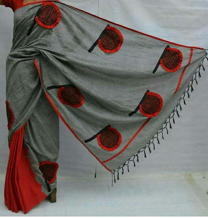 Red Grey Applique Sarees