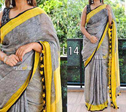Grey Yellow Pure Linen Sarees - Dailybuyys