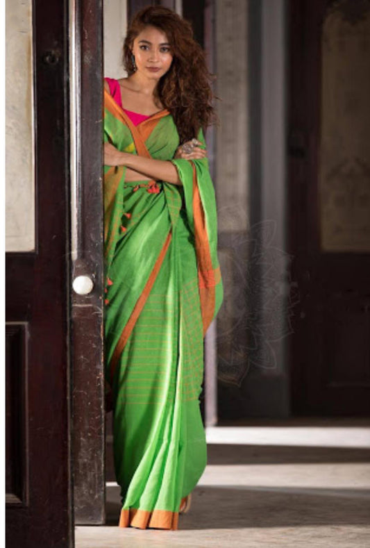 Green Pure Linen Sarees - Dailybuyys