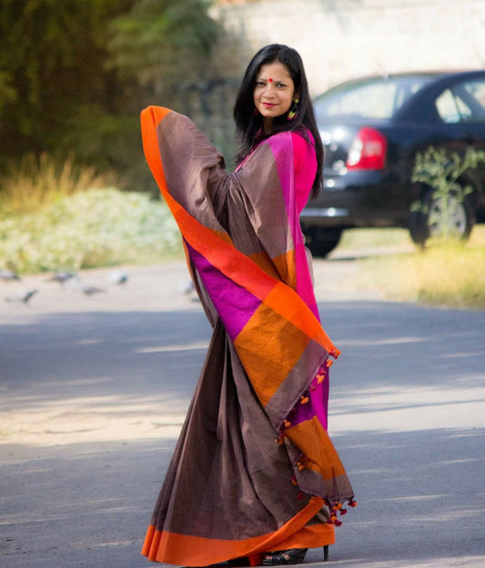 Brown Pink Pure Linen Sarees - Dailybuyys