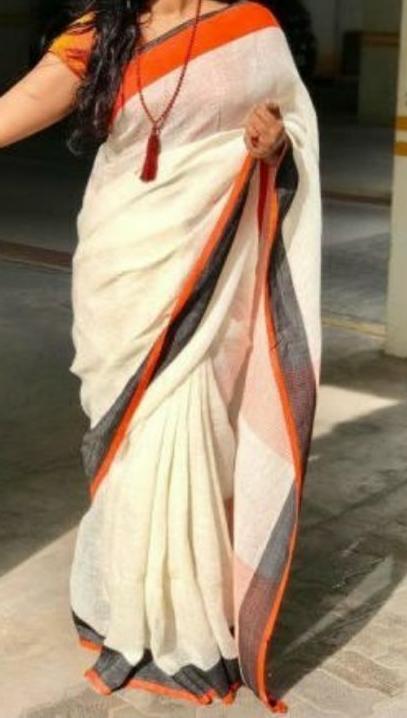 White Pure Linen Sarees - Dailybuyys