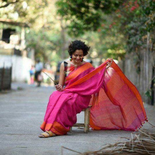 Pink Pure Linen Sarees - Dailybuyys