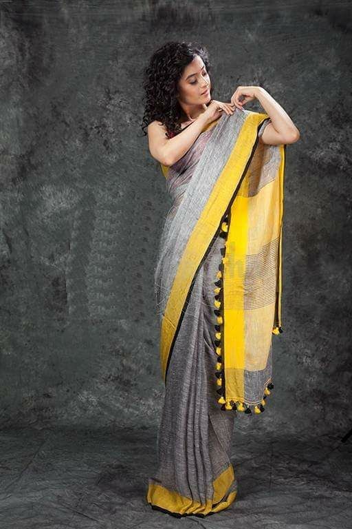Grey Yellow Pure Linen Sarees - Dailybuyys