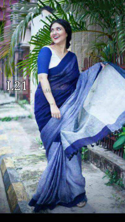 Blue Grey Pure Linen Sarees - Dailybuyys