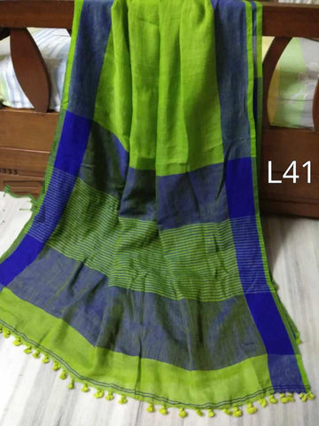 Green Blue Pure Linen Sarees