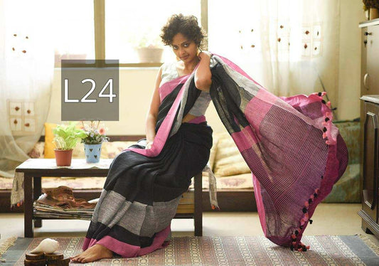 Black Pink Pure Linen Sarees - Dailybuyys
