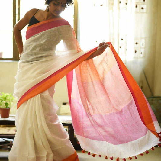 White Pink Pure Linen Sarees - Dailybuyys