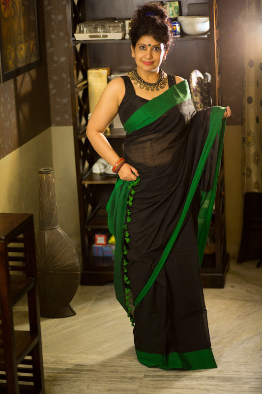 Black Green Pure Linen Sarees - Dailybuyys